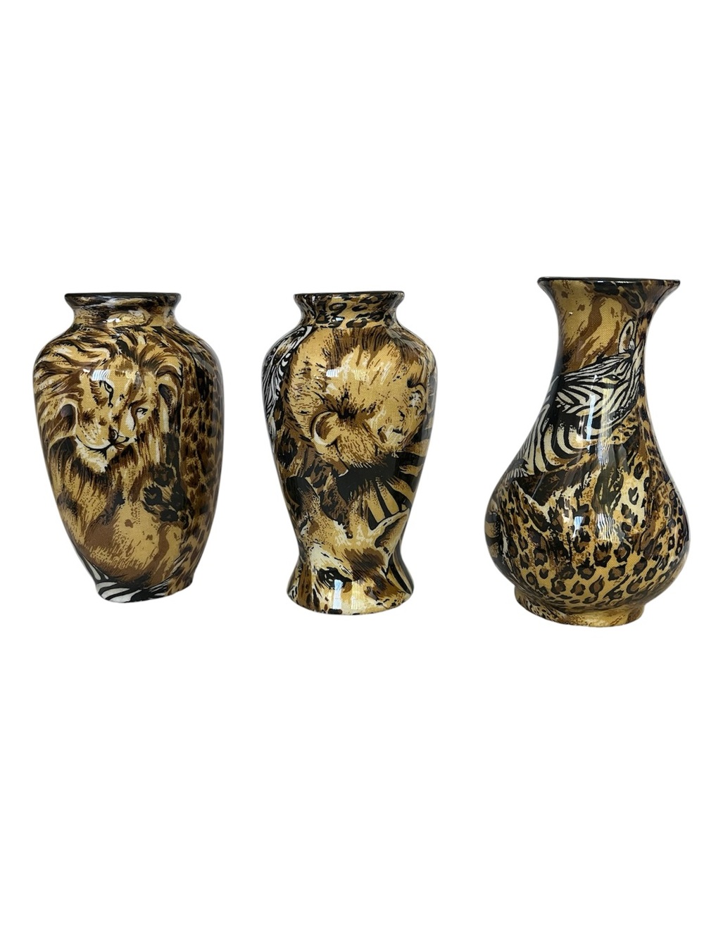 NIB Set of 3 Gold and Black Animal Print Vases - 5” tall